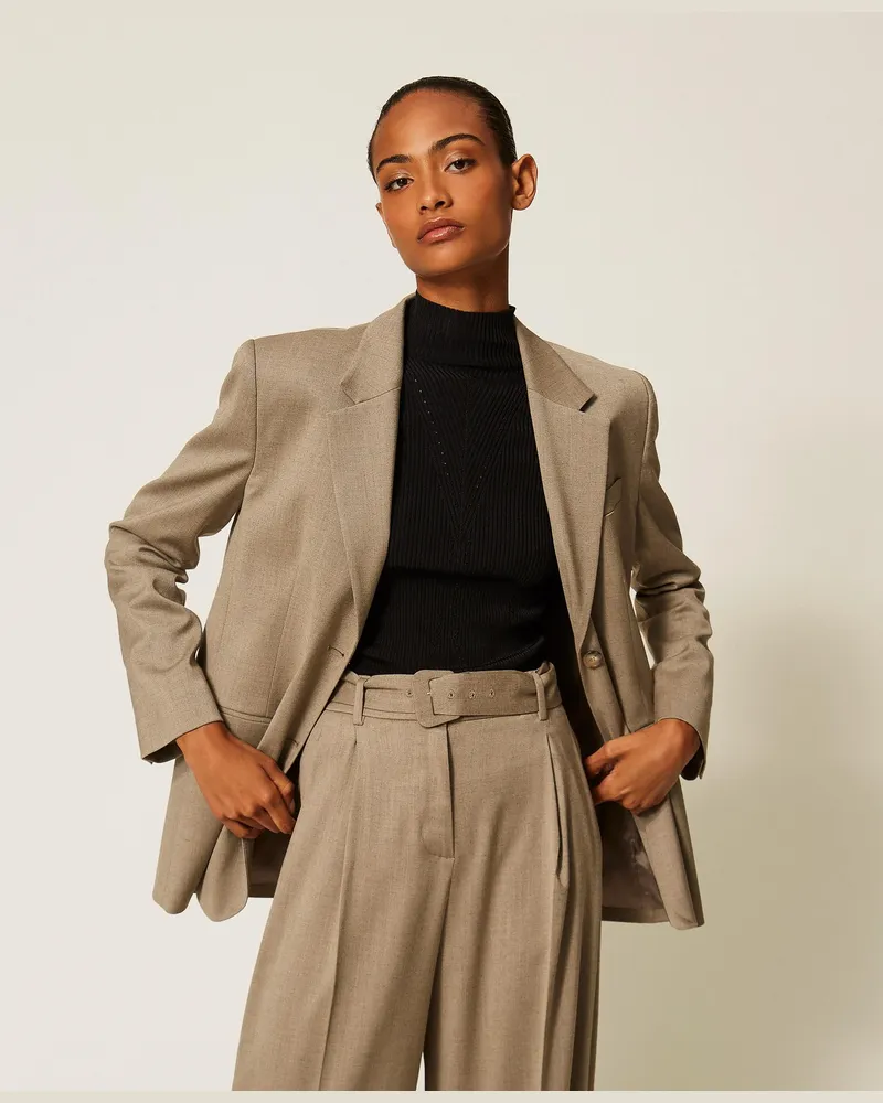 Twin-Set Blazer aus mattem Satin, Damen, Kitt Kitt