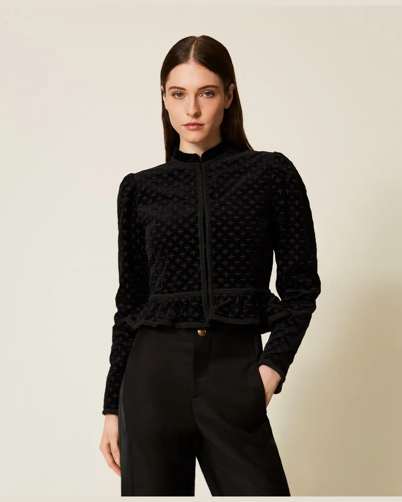 Twin-Set Jacken und Outerwear - Jacke aus Samt mit Stickerei, Schwarz, Größe Schwarz