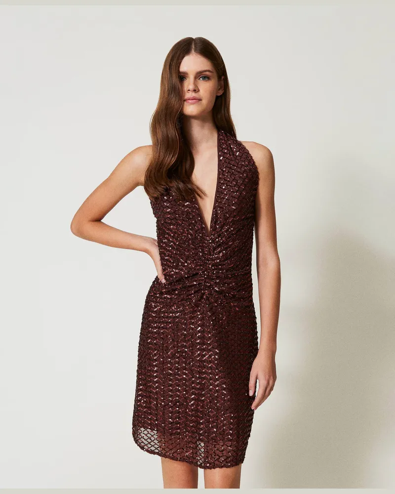Twin-Set Bademode - Minikleid aus Tüll mit Pailletten, Brown Stone, Paillettes, Größe: XL 