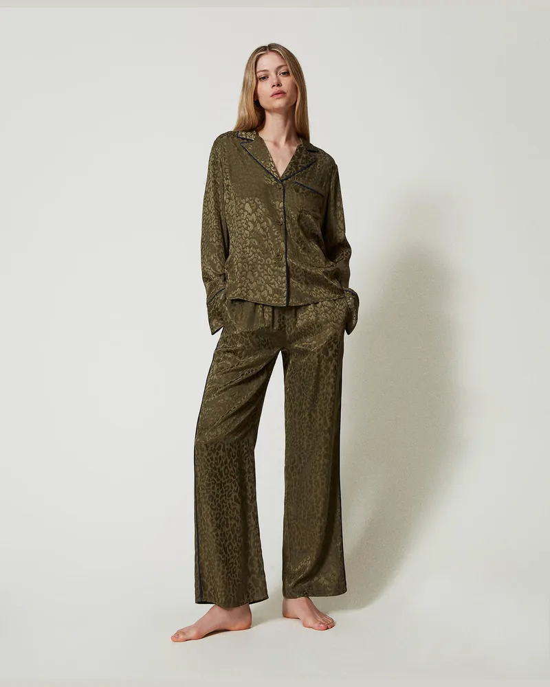 Twin-Set Unterwäsche - Herrenmäßiger Pyjama aus Satinjacquard, Moosgrün, Größe: XL 