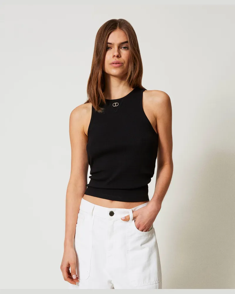 Twin-Set Tops - Figurbetontes Rippentop mit Oval T, Schwarz, Baumwolle, Größe: XXL 