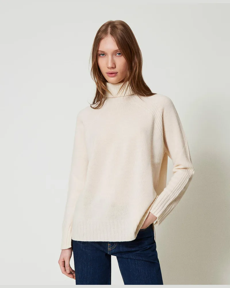 Twin-Set Rollkragenpullover aus Wolle und Kaschmir, Weiß Schnee, Größe: XXL 