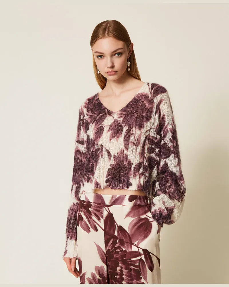 Twin-Set Pullover aus Mohairmischung mit Blumen, Print Dahlia Winetasting / Old White, Größe: XXL 