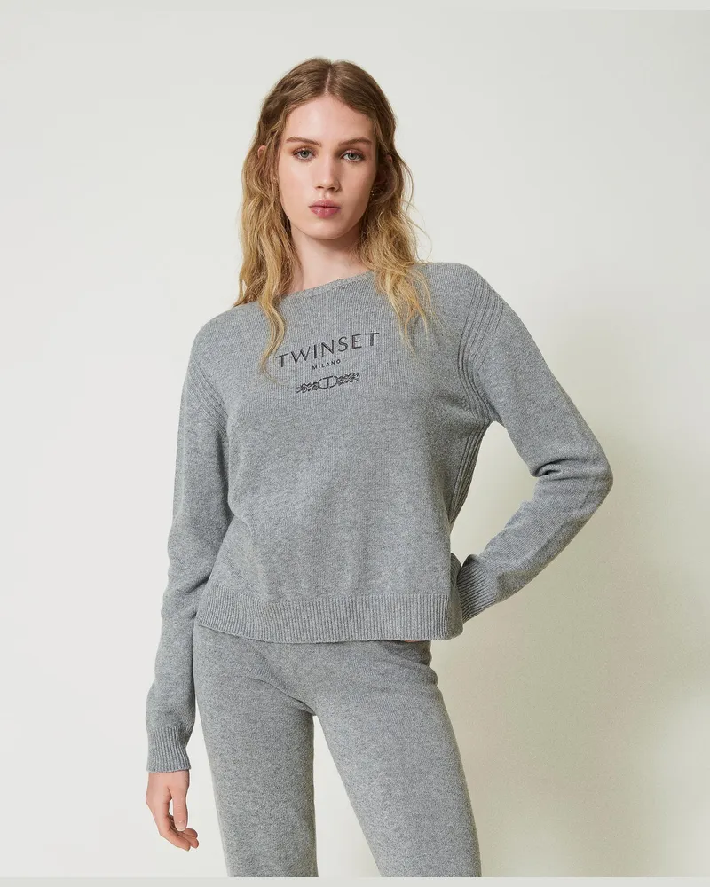 Twin-Set Pullover aus Wollmischung mit Sticklogo, Warmes Grau-Melange, Wolle, Größe: XL 