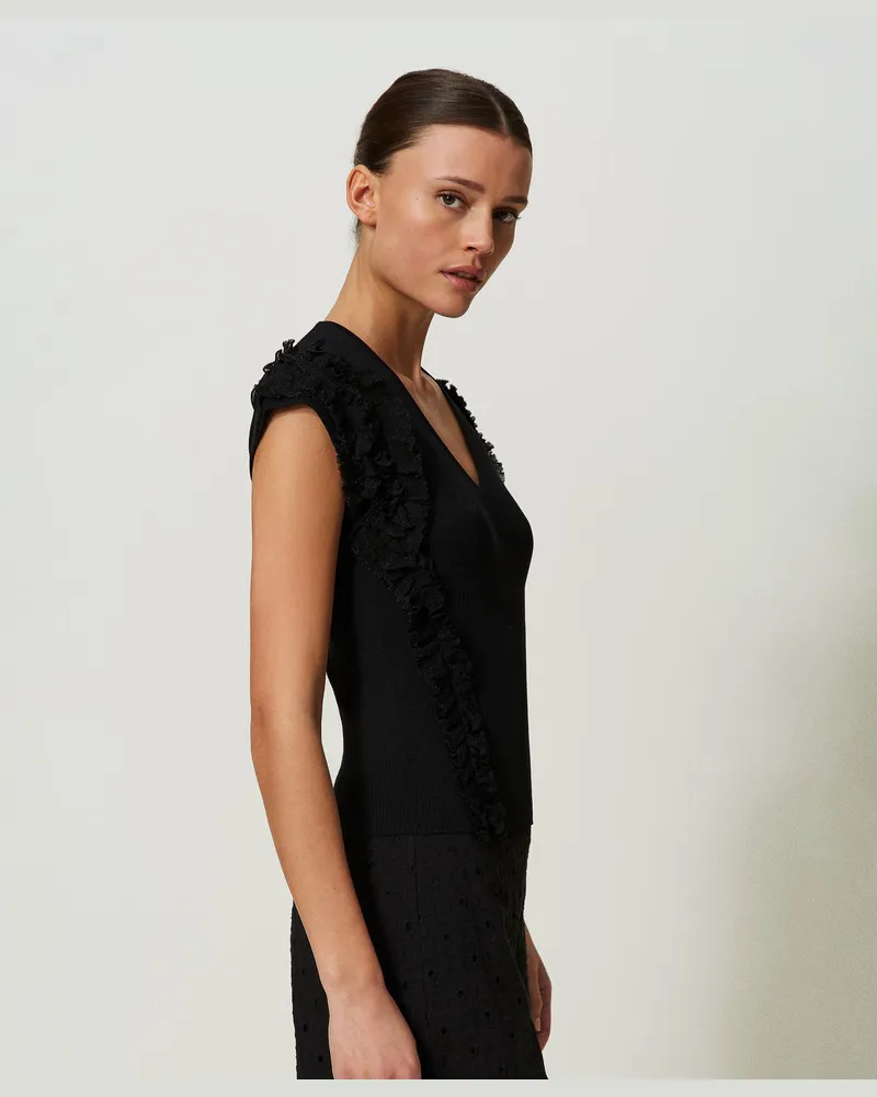 Actitude by Twinset Tops - Figurbetontes Rippentop mit Volants, Schwarz, Größe: S 