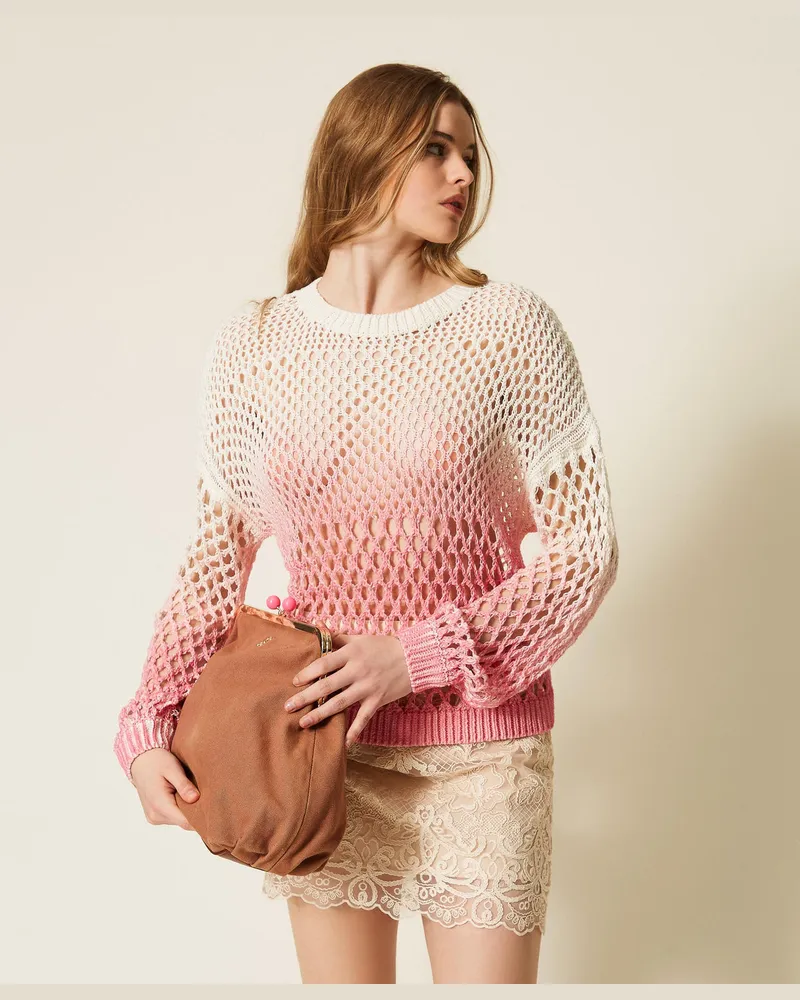 Actitude by Twinset MYFO Netzpullover mit Farbverlauf-Print, Zweifarbig Schneeweiß/Aurora Pink, Baumwolle, Größe Zweifarbig