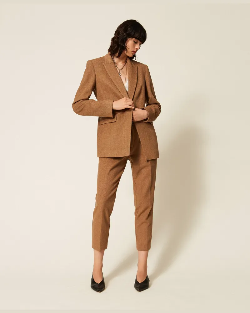 Twin-Set Fischgrathose aus Wollmischung, Damen, Toffee Herringbone Toffee