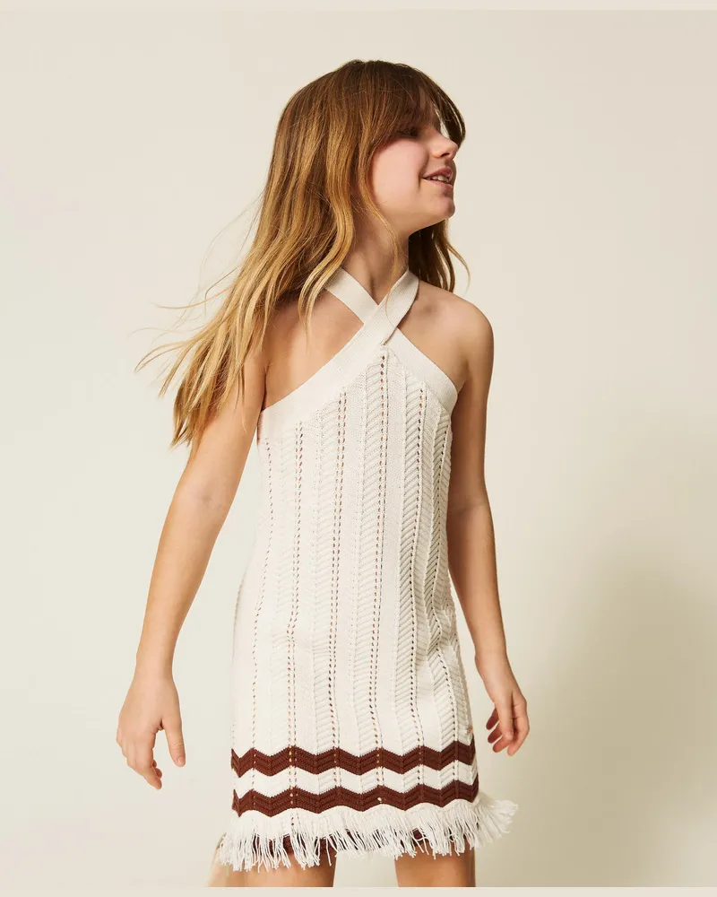 Twin-Set Kleider - Kurzes Strickkleid mit Zackenmuster, Zweifarbig Milk/"Dark Root"-Braun, Fransen, Größe Zweifarbig