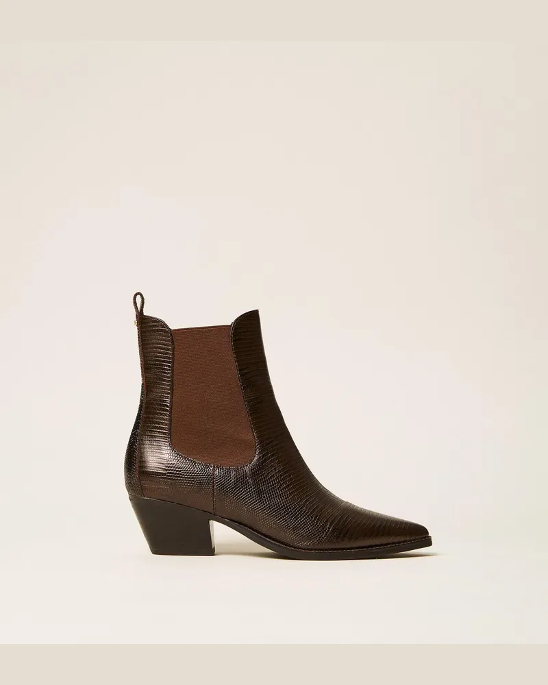 Twin-Set Cowboy-Stiefelette aus Leder mit Gummizug, Damen, Karung-Print Darkness Brown Karung-print