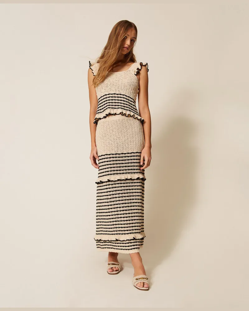 Twin-Set Bademode - Maxirock mit Streifenmuster und Volants, Zweifarbig „Pergament"-Jacquard-Weiß/Schwarz, Baumwolle, Größe Zweifarbig