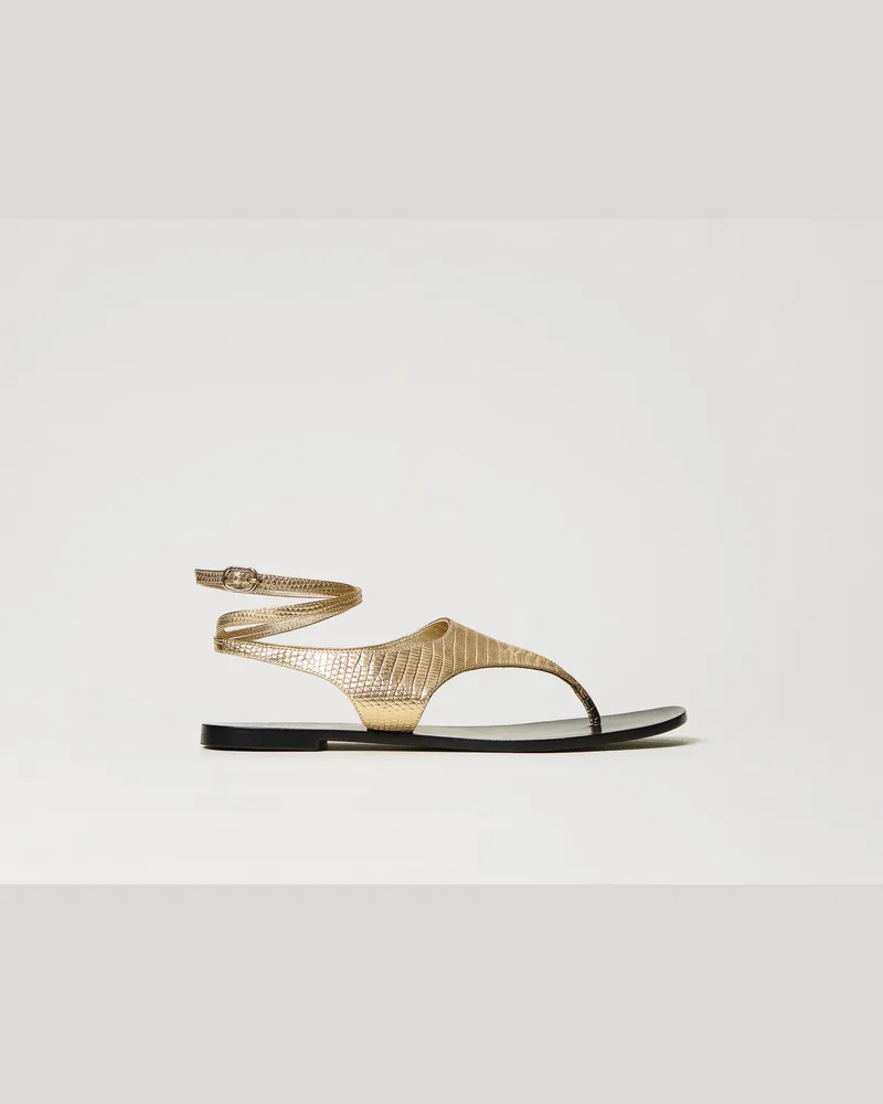 Twin-Set Schuhe - Flache Zehentrennersandale aus Leder, "Tejus"-Gold, Animal, Größe Tejus-gold