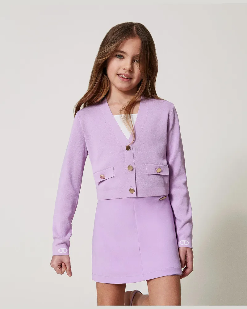 Twin-Set Cardigans - Gerippter Cardigan mit „Oval T"-Jacquard, Zweifarbig Pastel Violet / Ice, Größe: 8A 