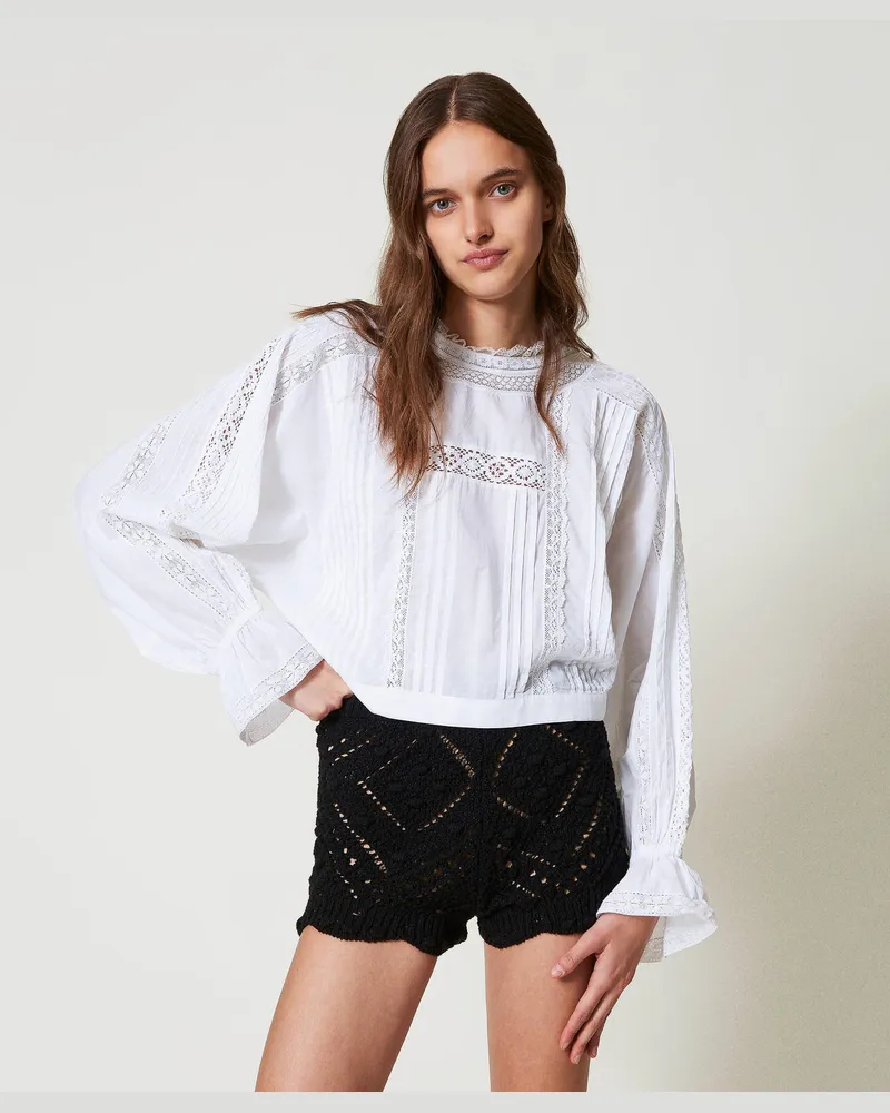 Twin-Set Hosen - Strickshorts mit Lochmuster, Schwarz, Baumwolle, Größe Schwarz