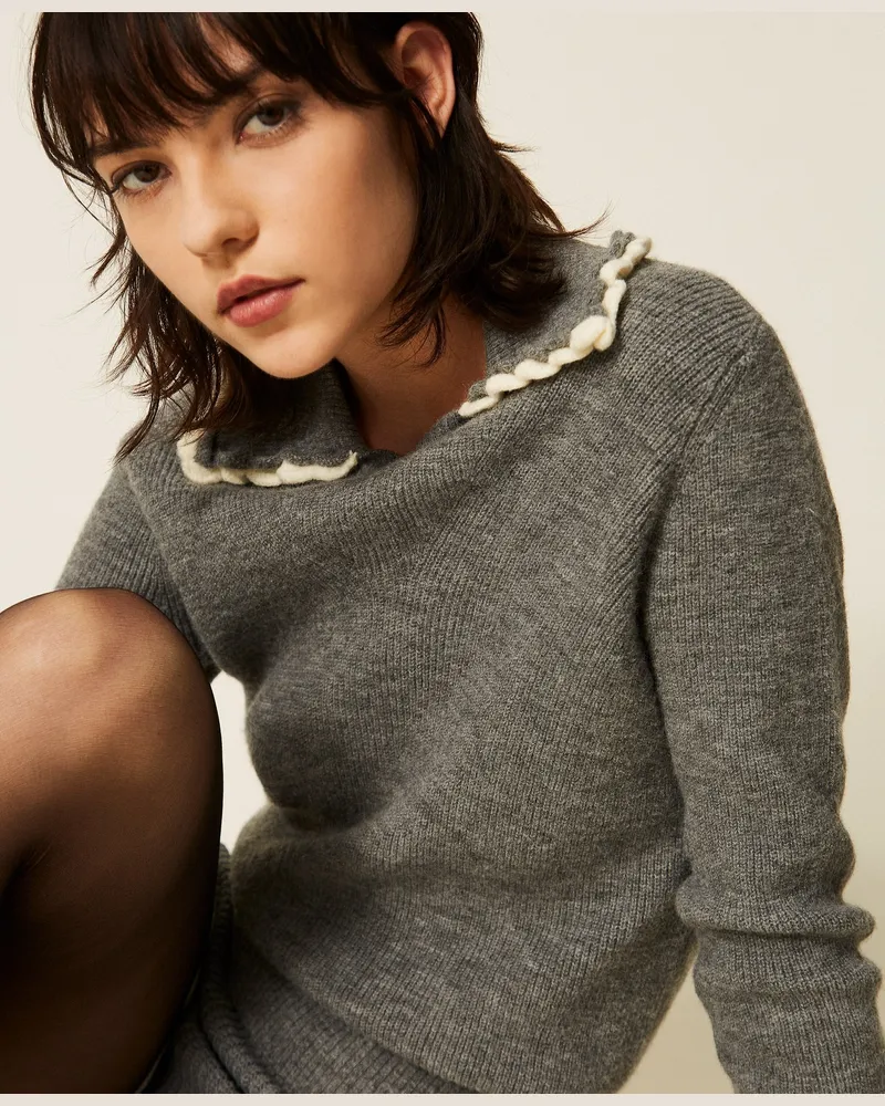 Twin-Set Pullover im Polostil mit Häkelkragen, Damen, Mittelgrau-Melange Mittelgrau-melange