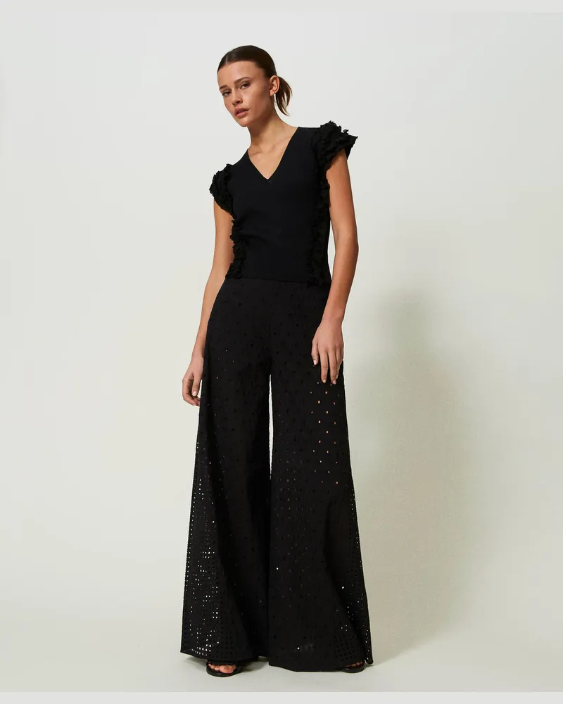 Actitude by Twinset Hosen - Palazzohose mit Lochstickereien, Schwarz, Baumwolle, Größe Schwarz