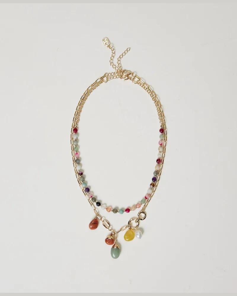 Twin-Set Accessoires - Mehrreihige Halskette mit Steinchen und Anhängern, Multicolor Schmucksteine New Gold, Einheitsgröße Multicolor