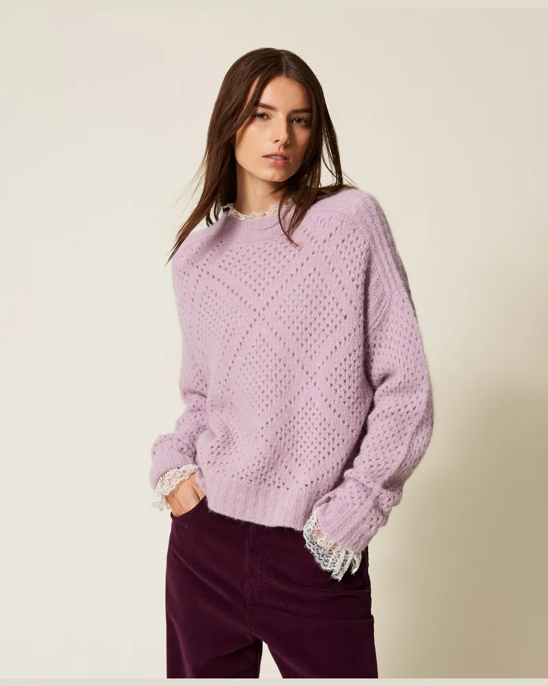 Twin-Set Pullover aus Alpakamischung im Rauten-Dessin, Lavendelrosa, Größe Lavendelrosa