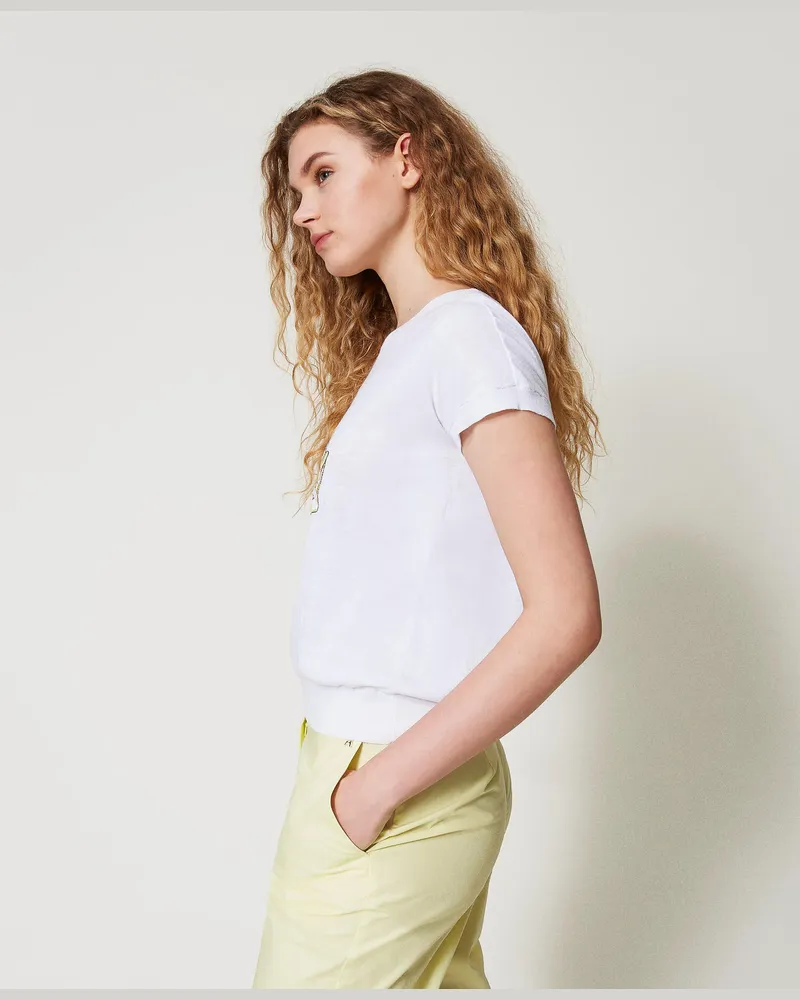 Twin-Set T-Shirts - T-Shirt aus Gestrick mit Stickerei, "Papers"-Weiß, Größe: XS 