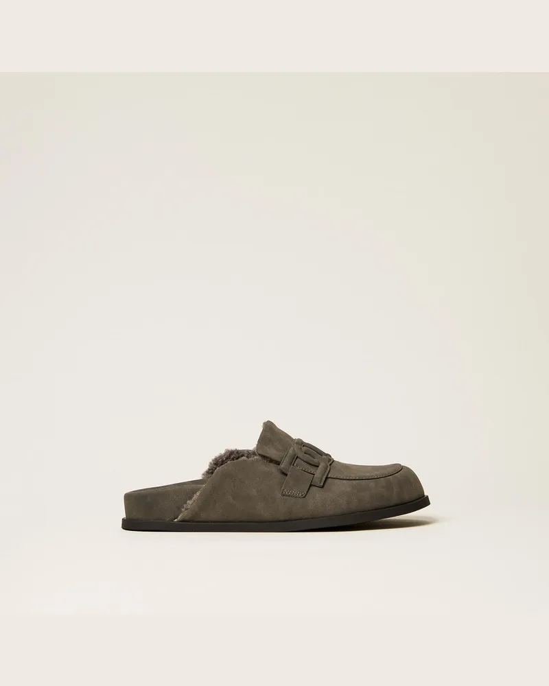Twin-Set Schuhe - Pantolette mit Logo, Mittelgrau-Melange, Größe Mittelgrau-melange