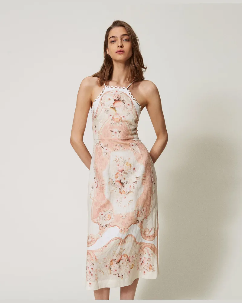 Twin-Set Kleider - Midikleid aus bedrucktem Leinen, Flowers-Print Tapestry Dusty Coral Shade, Mit Blumen, Größe Flowers-print