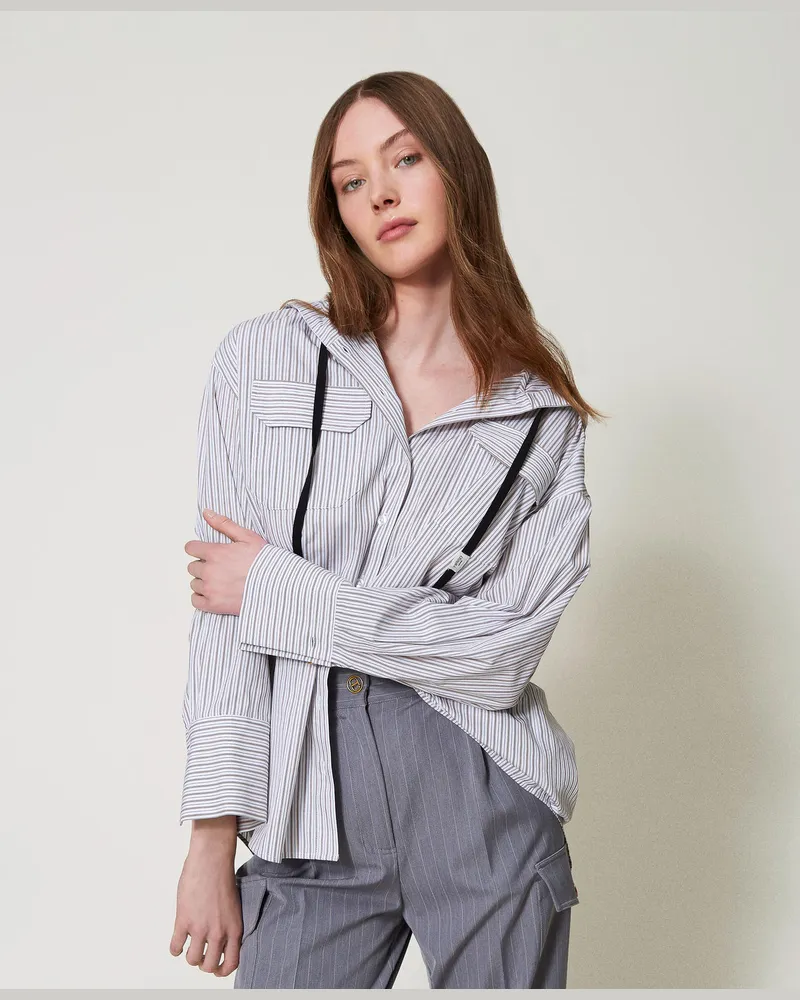 Twin-Set Hemden - Gestreiftes Popelinehemd mit Kapuze, Stripes Optical White / "Rope"-Beige, Größe Stripes