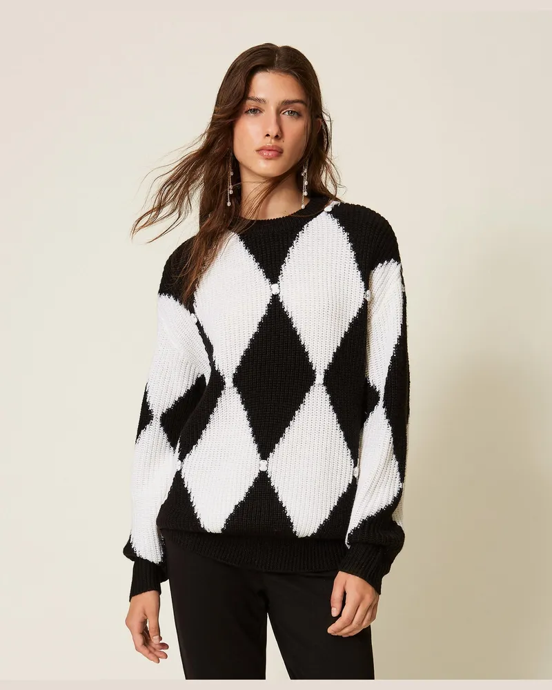 Twin-Set Pullover aus Wollmischung mit Rhomben und Stickerei, Damen, Zweifarbig Schwarz / Schneeweiß Zweifarbig