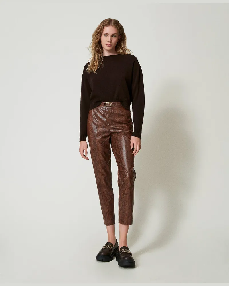 Twin-Set Hosen - Zigarettenhose aus Eidechsenlederimitat, Eidechsenprint Kaffee / Schwarz, Lederoptik, Größe Eidechsenprint