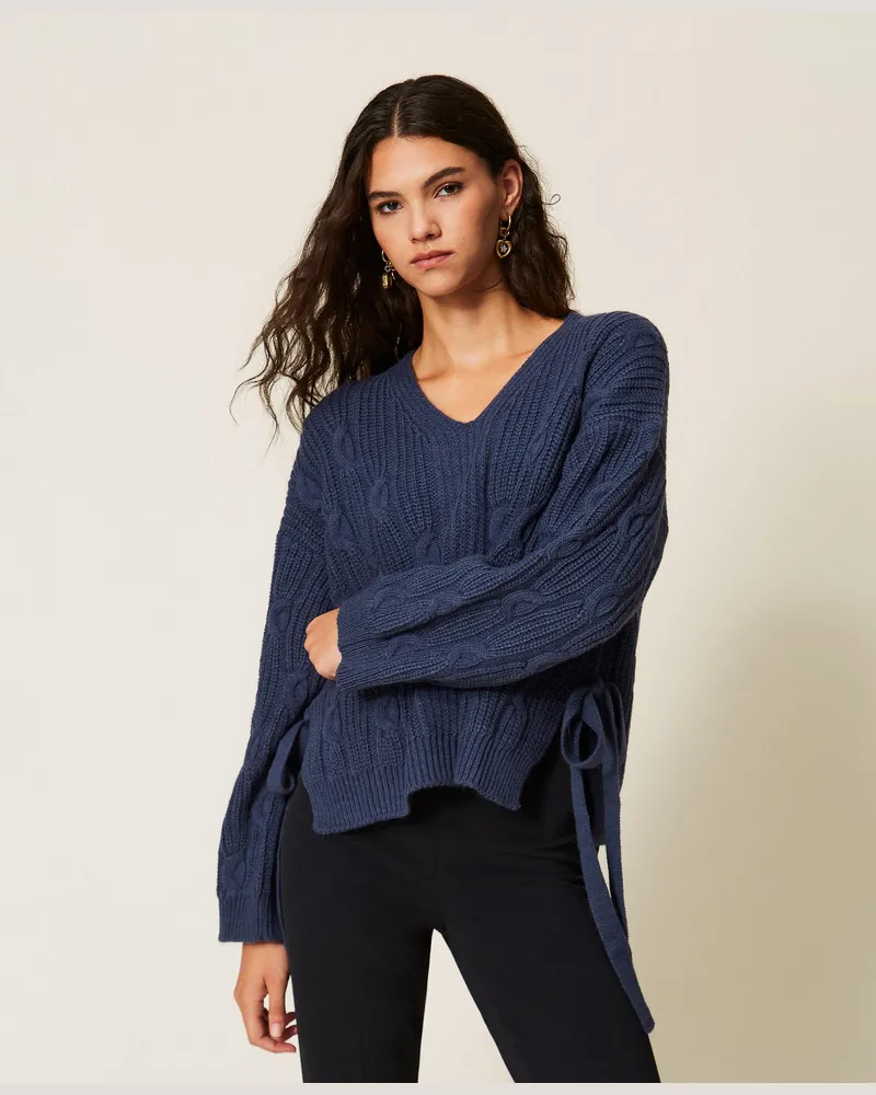 Twin-Set Pullover aus Wollmischung mit Schleifen, Damen, Indigoblau Indigoblau