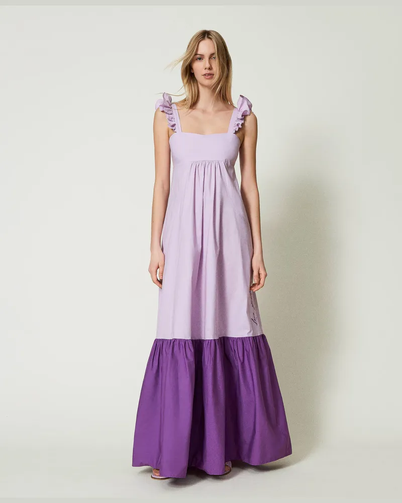 Actitude by Twinset Kleider - Maxikleid aus Popeline mit Volants, Zweifarbig Lavendellila / Meadow Violet, Baumwolle, Größe Zweifarbig