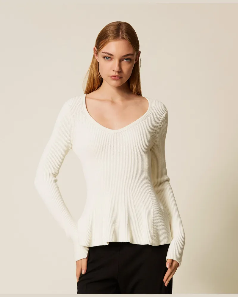 Twin-Set Figurbetonter Pullover mit Rippenmuster, Weiß Schnee, Größe Weiß