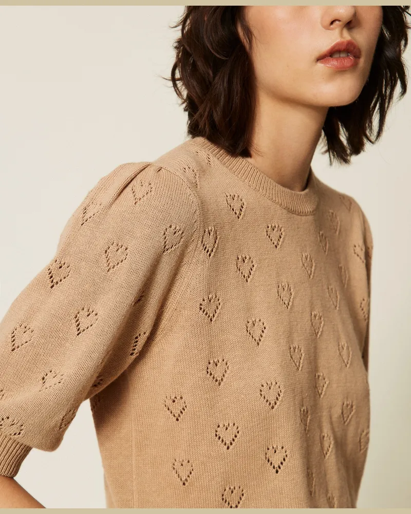 Twin-Set Pullover mit Herzdessin, Damen, Helles "Tobacco Brown Helles