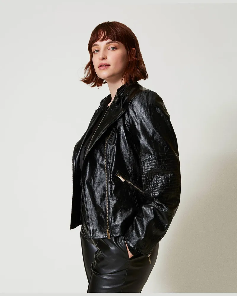 Twin-Set Jacken und Outerwear - Bikerjacke aus Lederimitat mit Reißverschlüssen, Schwarz, Lederoptik, Größe Schwarz