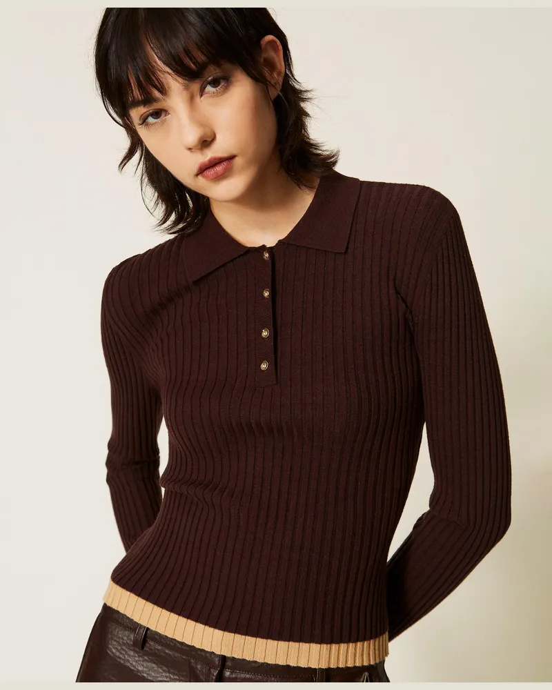 Twin-Set Gerippter Pullover im Polostil, Damen, Zweifarbig Chocolate Plum / "Iced Coffee"-Braun Zweifarbig