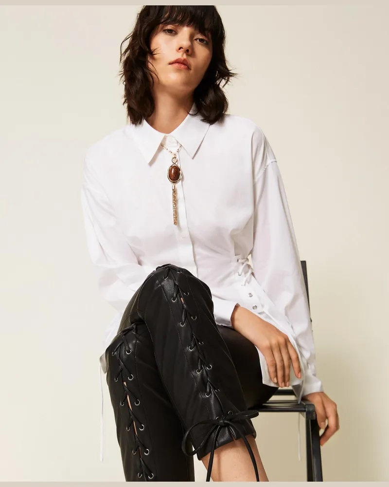 Twin-Set Myfo Hose in Leder-Optik mit Bändern, Damen, Schwarz Schwarz