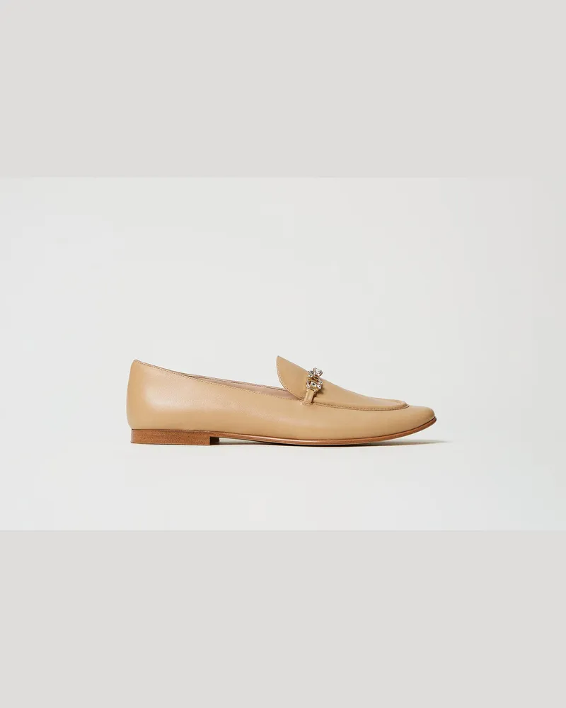 Twin-Set Schuhe - Ledermokassin mit strassbesetztem Oval T, Camel, Größe Camel