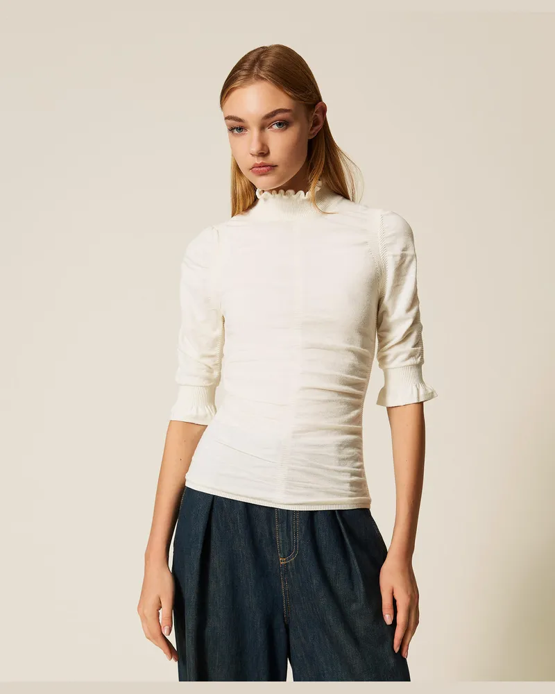 Twin-Set Stehkragenpullover mit Kräuselung, Weiß Schnee, Größe Weiß