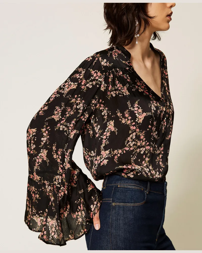 Twin-Set Bluse aus Krepon-Satin mit floralem Motiv, Damen, Little Flowers Print Black / Rose Little