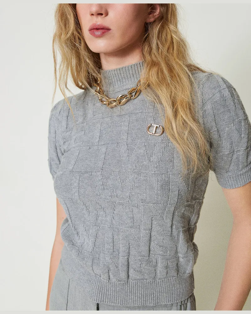 Twin-Set Pullover aus Baumwolle und Kaschmir mit Logos, Warmes Grau-Melange, Größe: XXL 