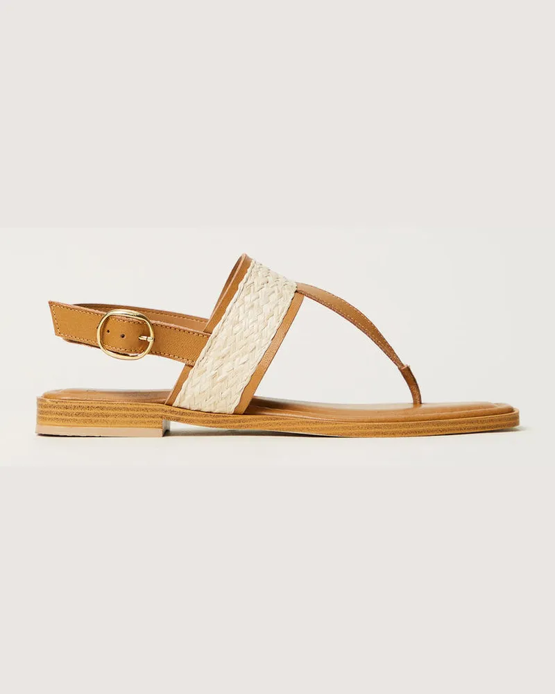 Twin-Set Schuhe - Flache Zehentrennersandale mit Einsatz aus Strohimitat, Brown Box, Größe Brown