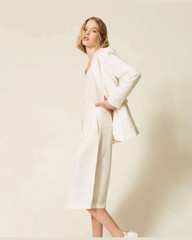 Twin-Set Hosen - Bermudashorts aus Leinenmischung mit Bundfalten, Mattweiß, Größe Mattweiß