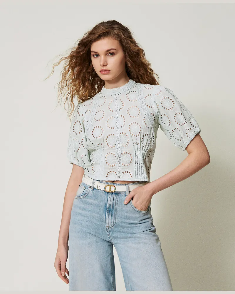 Twin-Set Blusen - Bustierbluse mit Lochstickereien, Water Green, Baumwolle, Größe Water