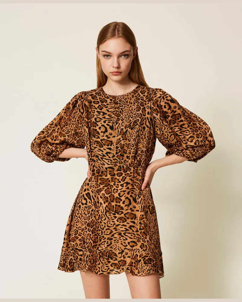 Twin-Set Kleider - Kurzes Jacquardkleid mit Animalprint, Animalprint Coffee / „Land"-Braun, Größe Animalprint
