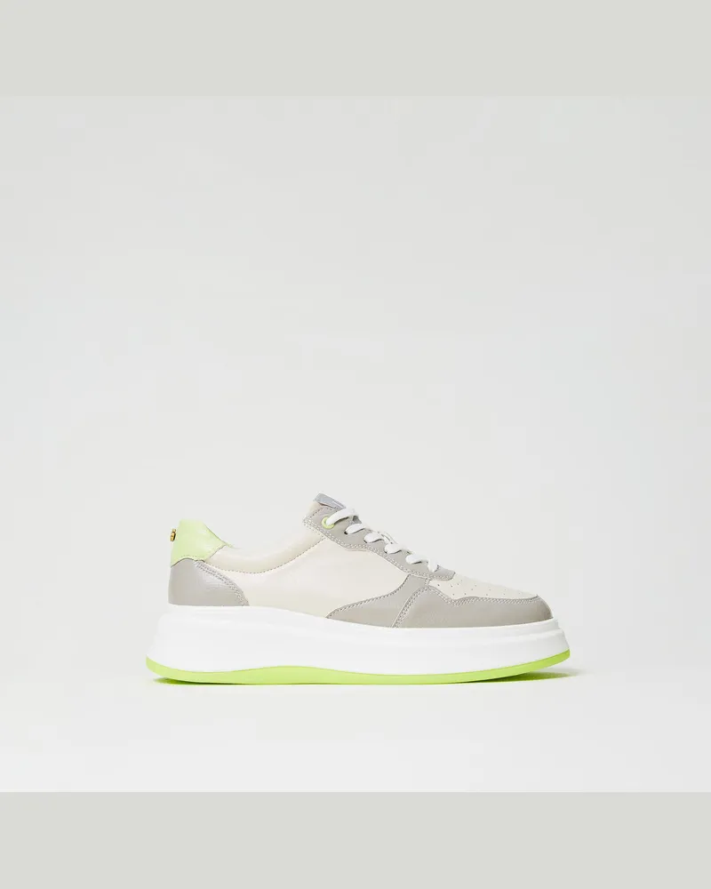 Twin-Set Schuhe - Color-Block-Sneaker, Zweifarbig Optisches Weiß / „Soft Lime"-Grün, Größe Zweifarbig