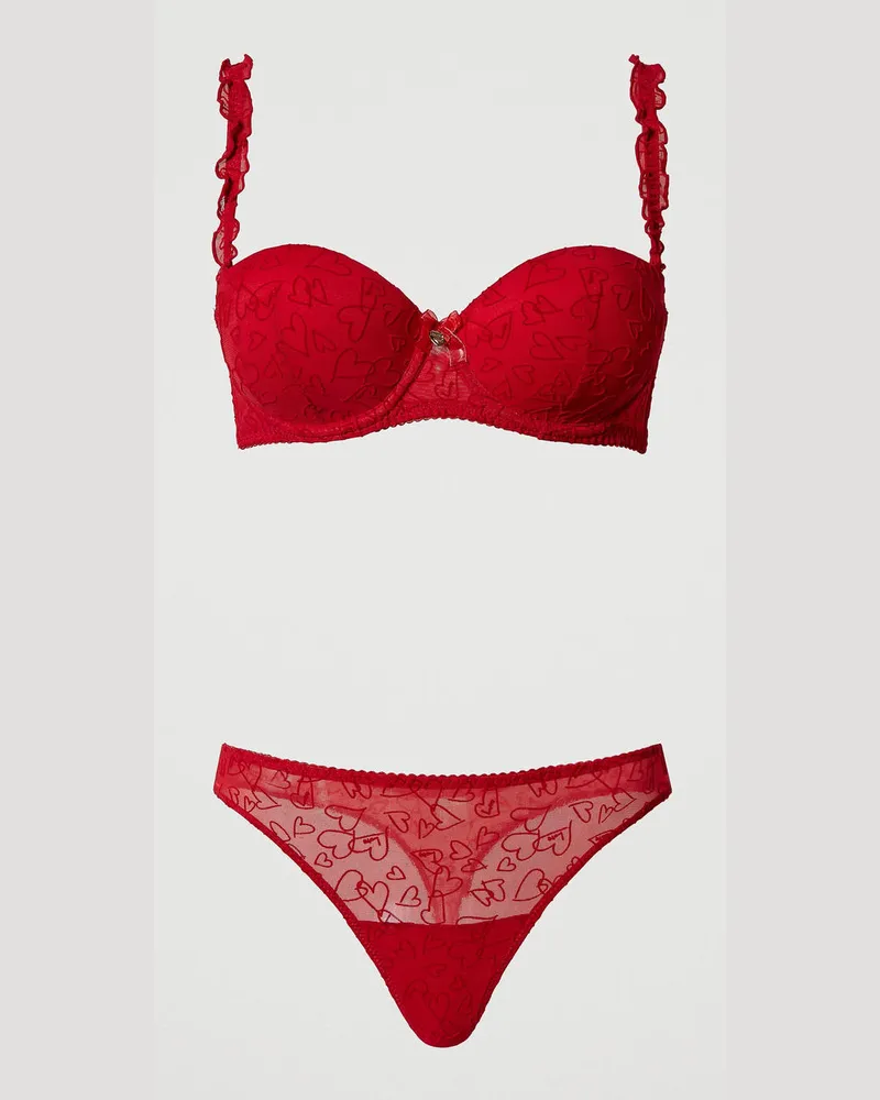 Twin-Set Unterwäsche - Balconette-BH und Tanga aus Tüll, Feuerrot, Mit Herzen, Größe: 3-B 