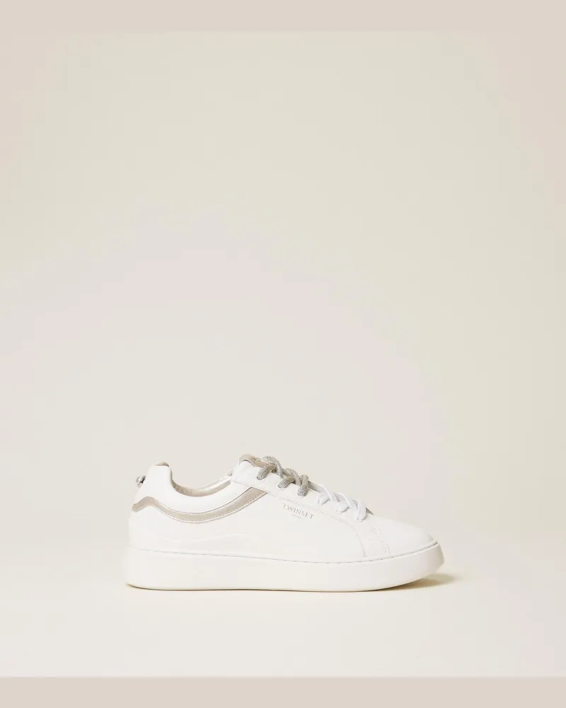 Twin-Set Schuhe - Sneakers aus Leder mit kontrastierenden Einsätzen, Zweifarbig Optisches Weiß/Platin, Größe Zweifarbig