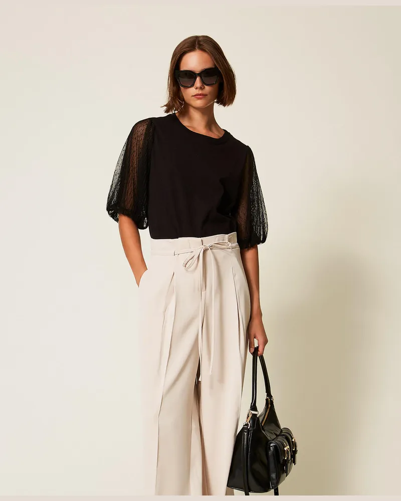 Twin-Set T-Shirts - T-Shirt mit Tüllärmeln, Schwarz, Größe: M 