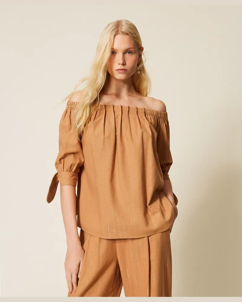 Twin-Set Bademode - Bluse im Streifen-Dessin mit Lurex, „Hazelnut"-Braun, Gestreift, Größe „hazelnut“-braun