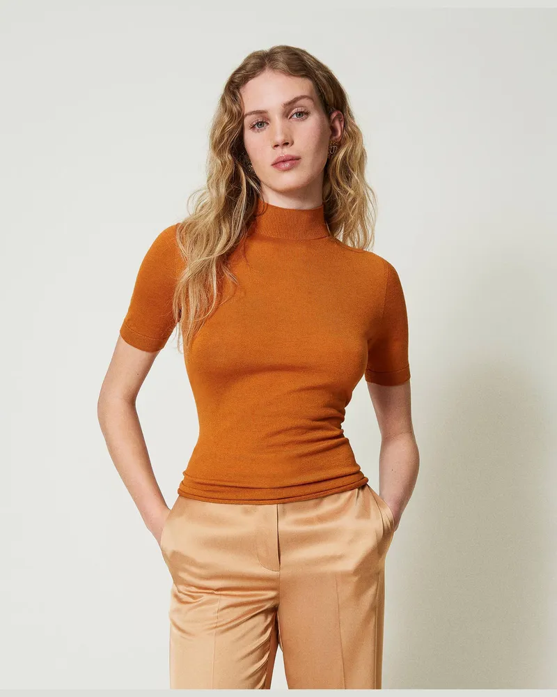 Twin-Set Stehkragenpullover aus Seide und Kaschmir, „Tenné"-Orange, Größe: XXL 