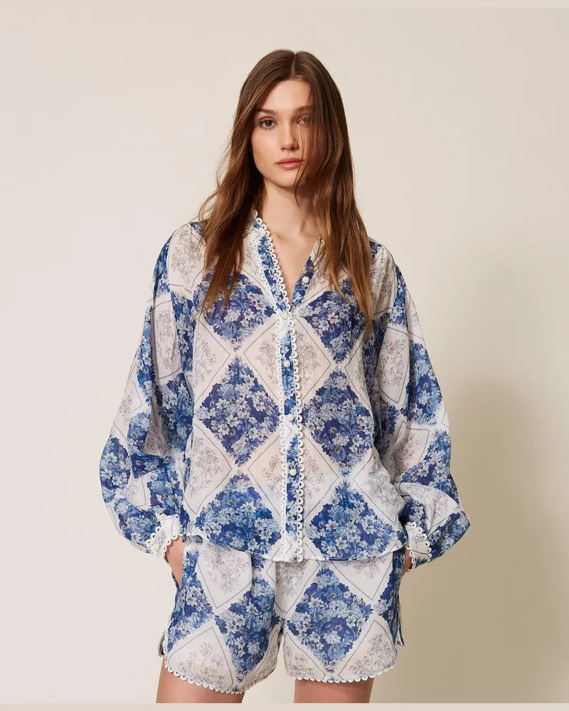Twin-Set Hemden - Hemdbluse aus Ramie mit floralem Print, Floraler Rauten-Print/Topas-Hellblau, Mit Blumen, Größe Floraler