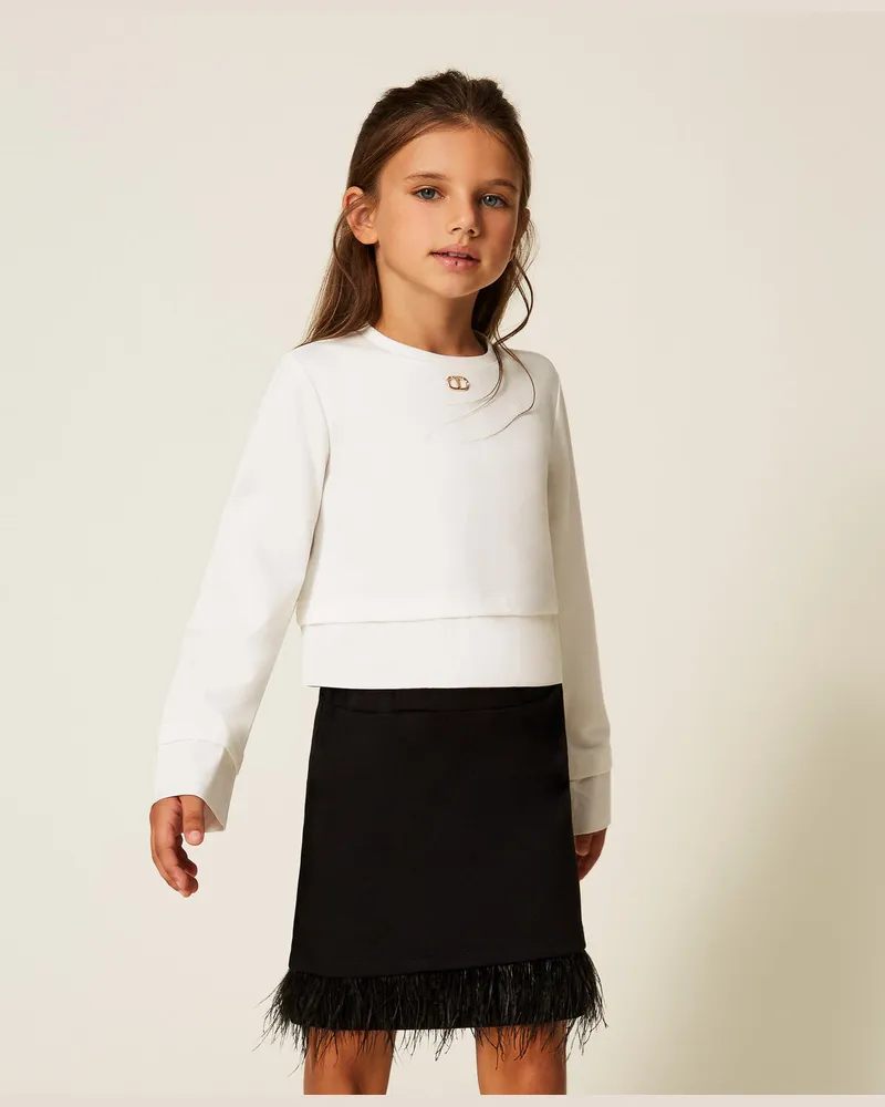 Twin-Set Blusen - Bluse und Rock mit Federn, Zweifarbig Off White / Schwarz, Größe Zweifarbig